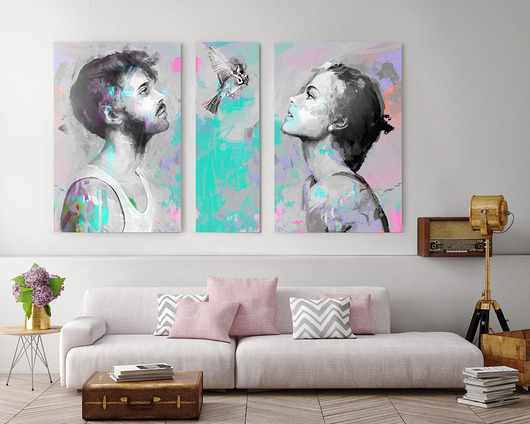 obrazy OBRAZ NA PŁÓTNIE TRYPTYK "HE&SHE&BIRD" 100X60 CM