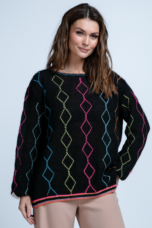 swetry damskie  Lekki kolorowy sweter mgiełka z wełny alpaki F1843 Czarny