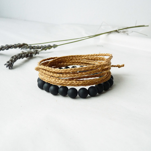 bransoletki z kamieni naturalnych Onyks matowy i orzechowy len