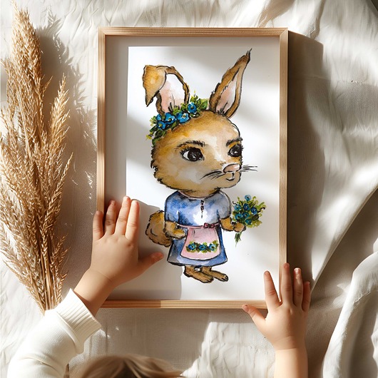 grafiki i ilustracje Królik ogrodnik akwarela do pokoju dziecięcego oryginał