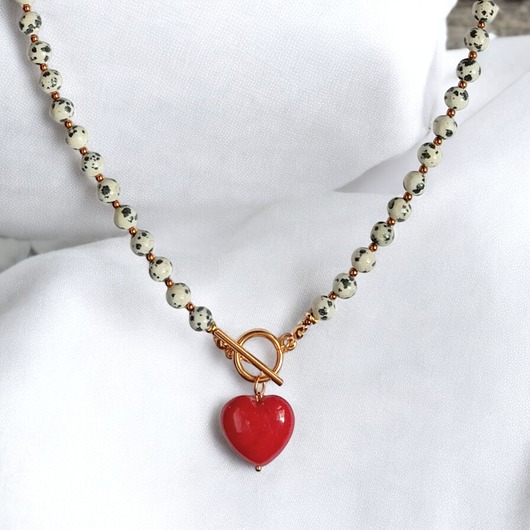 naszyjniki - inne Jaspis dalmatyński i serce : CEGLASTA CZERWIEŃ: naszyjnik