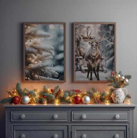 fotografia Dwa plakaty, zimowe, renifer zdjęcie, choinka