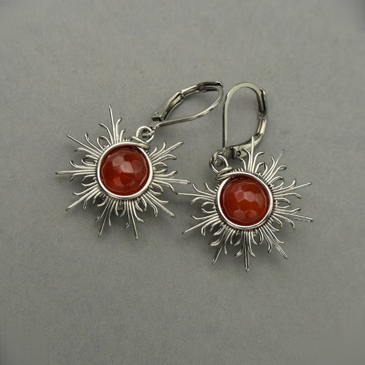 kolczyki wire wrapping Czerwone kolczyki słońce gwiazdki karneol wire wrapping słoneczka