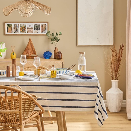 obrusy i serwetki Obrus bawełniany, biały w granatowe pasy, 140x240 cm Oceania