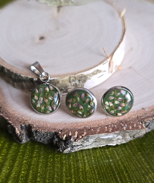 komplet biżuterii Wieczne kwiaty komplet zielony wrzos różowy