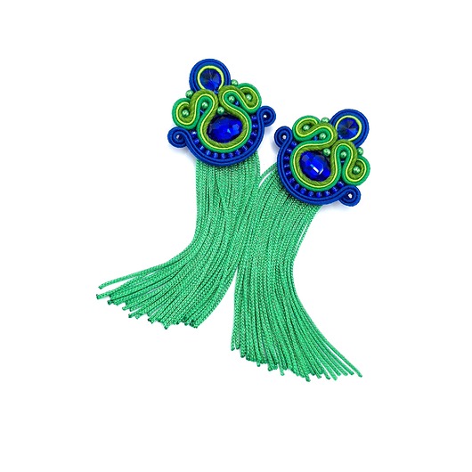 kolczyki soutache Nola kolczyki sutasz z frędzlami kolorowe etniczne chabrowo zielone