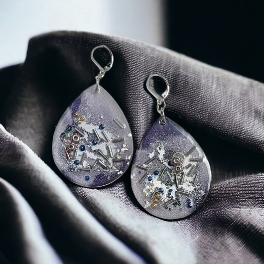 kolczyki z żywicy UNIKATOWE kolczyki z żywicy : kolekcja PICASSO : XL : fioletowo-szare