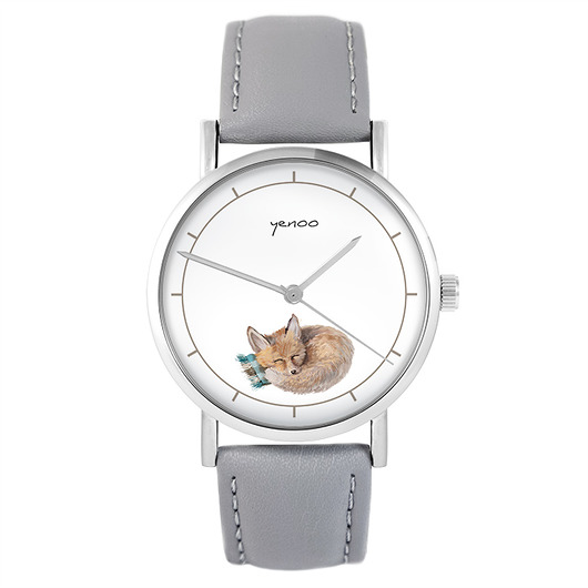 zegarki damskie Zegarek - Lisek - szary, skórzany