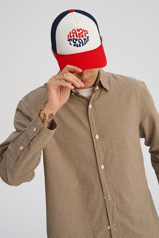 czapki i kapelusze męskie Kolorowa czapka TRUCKERKA granatowo - czerwona