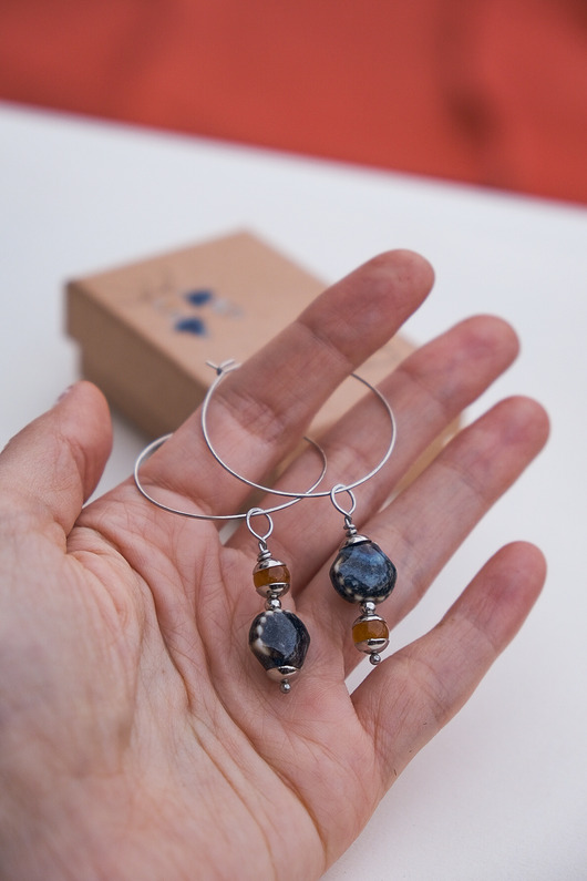 kolczyki ceramiczne Asymetryczne boho kolczyki, duże koła z kamieniami i ceramiką