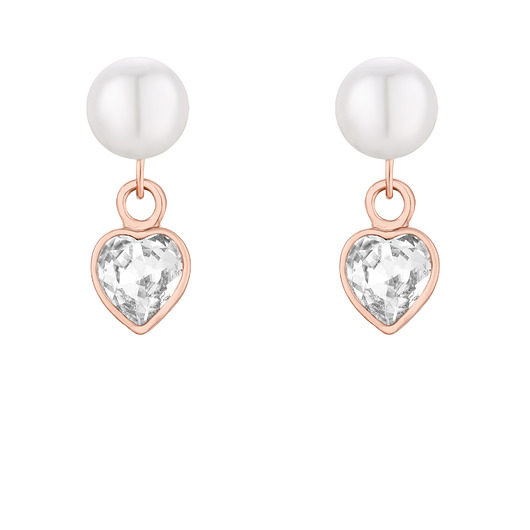 kolczyki pozłacane Kolczyki z różowego złota perły z sercami SWAROVSKI CRYSTAL