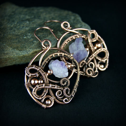 kolczyki wire wrapping Kolczyki z surowym ametystem