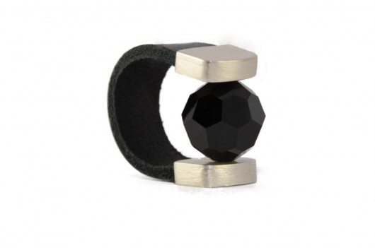 Black Crystal Leather Ring in Silver Joccos Design