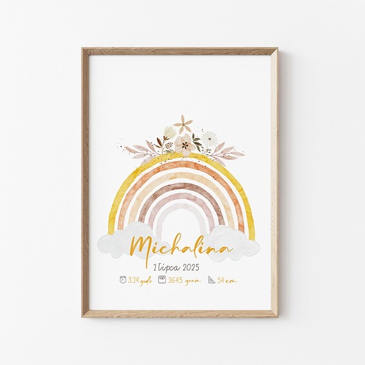 obrazy i plakaty do pokoju dziecięcego Plakat metryczka z tęczą, obrazek z imieniem dziecka, tęcza w stylu boho