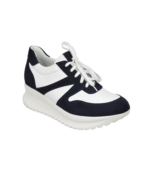 sneakersy damskie Sneakersy skórzane -  biało granatowe- snurowane   (6166)
