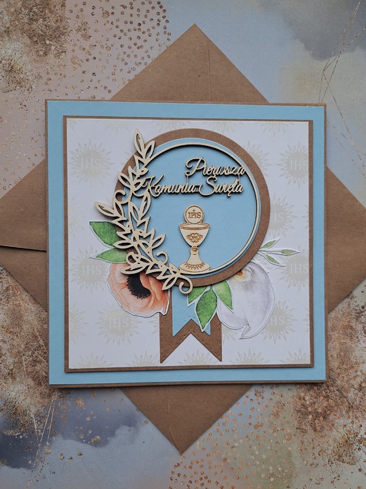 kartki scrapbooking Kartka na Komunię dla chłopca (w kopercie)