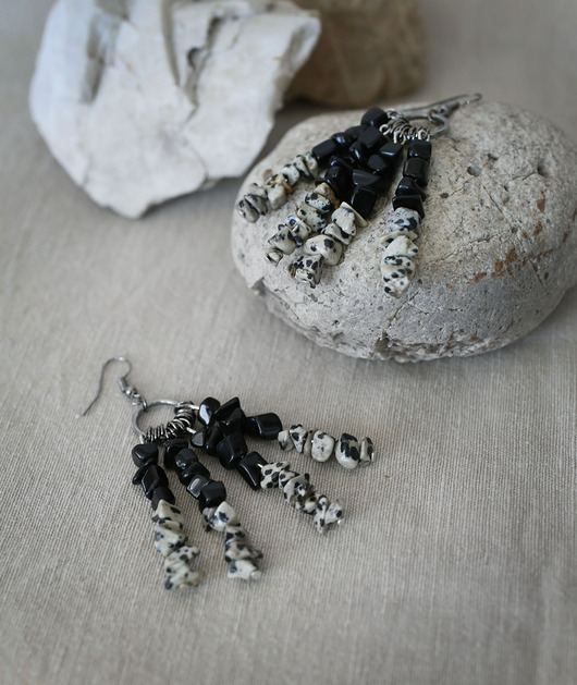 kolczyki - inne Długie kolczyki czarno-białe z jaspisem i turmalinem