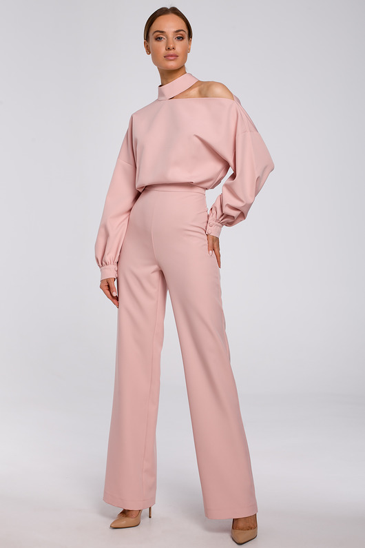 kombinezony damskie Kombinezon z bufiastymi rękawami-pudrowy(M-528)