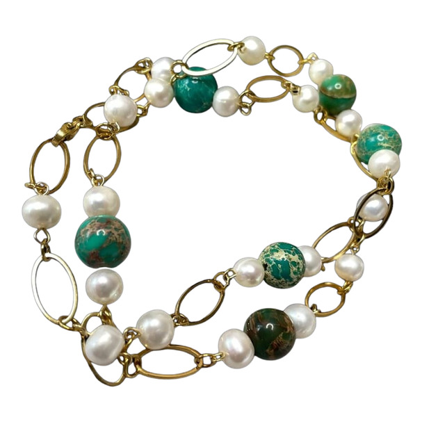 złote naszyjniki Łańcuszkowy naszyjnik z perłami i jaspisem