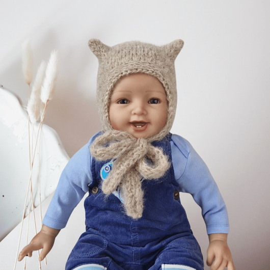 czapki dziecięce Ciepła Czapka Beżowy Kotek, kitty alpaka/merynos