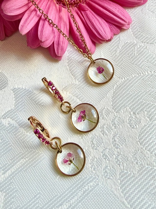 komplet biżuterii Zestaw Botaniczny: Naszyjnik i Kolczyki z naturalną Smagliczką nadmorską