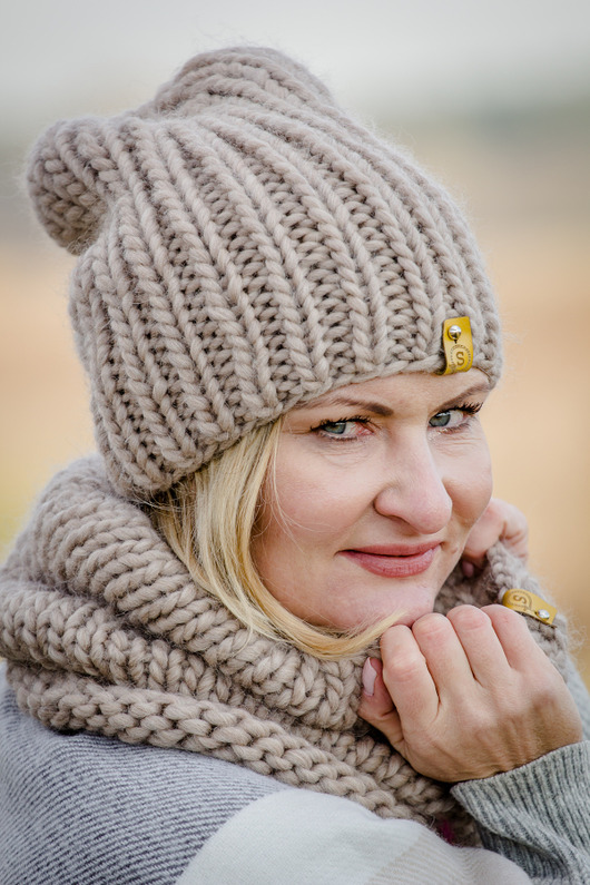 czapki damskie Komplet zimowy wełniana czapka i komin WOOLY beż