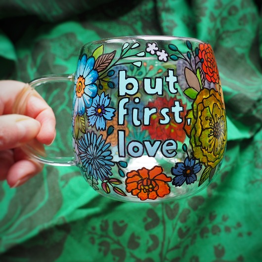 kubki Ręcznie malowany szklany kubek FIRST blue