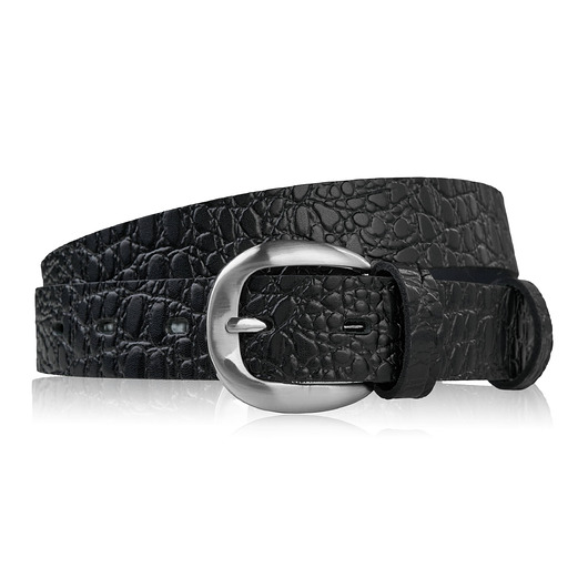 paski damskie Pasek damski skórzany 100 cm do spodni wąski czarny croco srebrna klamra PG-1