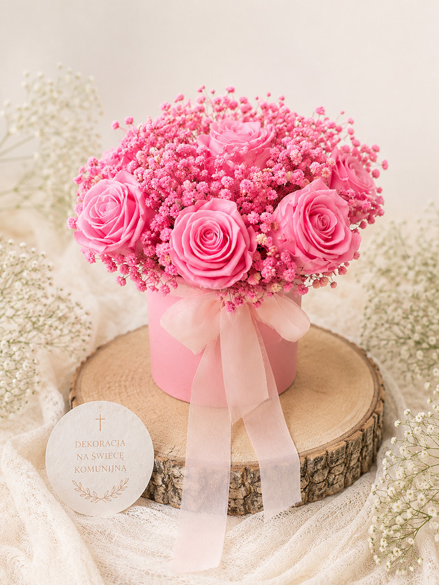 dodatki ślubne Flowerbox róże i gipsówka