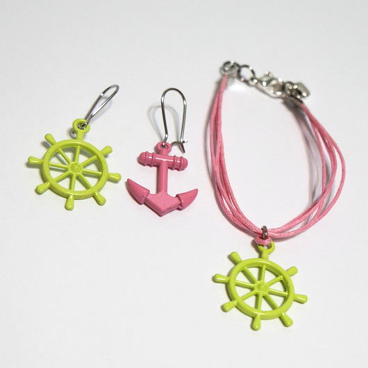 komplet biżuterii Komplet - Kotwica ster, zieleń, róż - kolczyki, bransoletka