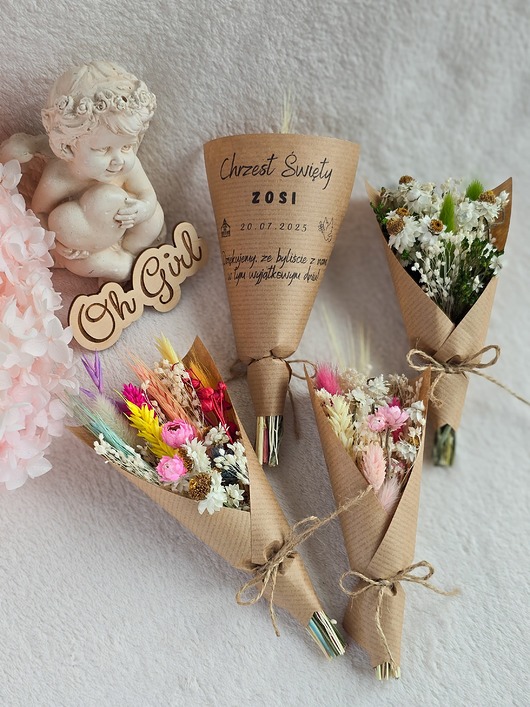 upominki dla gości Personalizowane podziękowania na Chrzciny - mini bukieciki