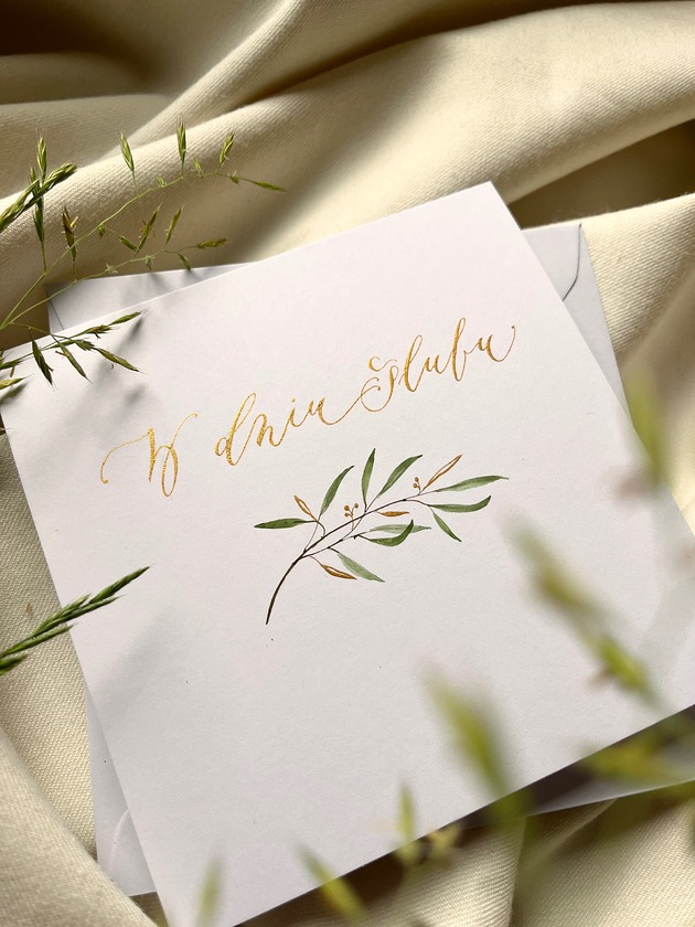kartki scrapbooking Kartka ślubna ręcznie malowana i kaligrafowana z gałązką minimalistyczna