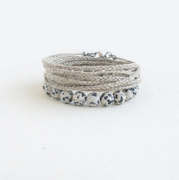 bransoletki z kamieni naturalnych Jaspis dalmatyński matowy i naturalny Len Bransoletka