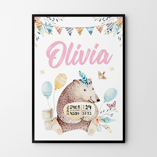 obrazy i plakaty do pokoju dziecięcego Plakat Metryczka Miś 50x70cm B2