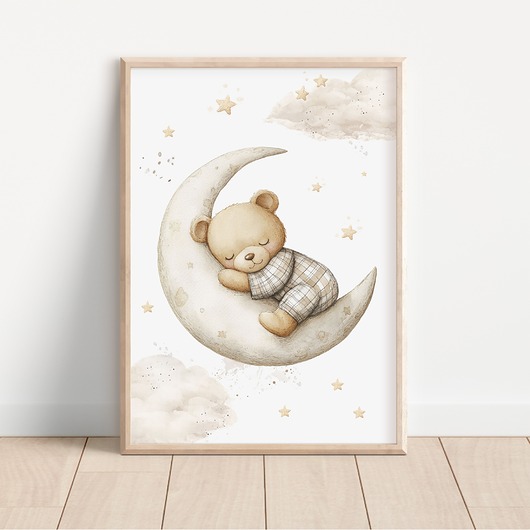 obrazy i plakaty do pokoju dziecięcego Miś śpiący na księżycu 