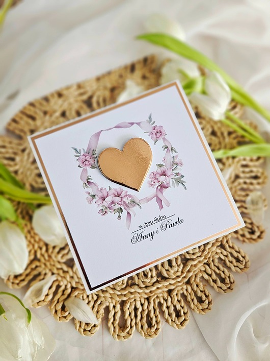 zaproszenia i kartki na ślub Ślubna kartka do koperty z sercem na zamówienie