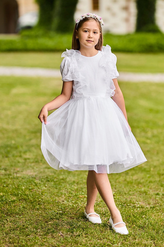 sukienki komunijne Biała sukienka muślinowa z tiulem dla dziewczynki Sisi