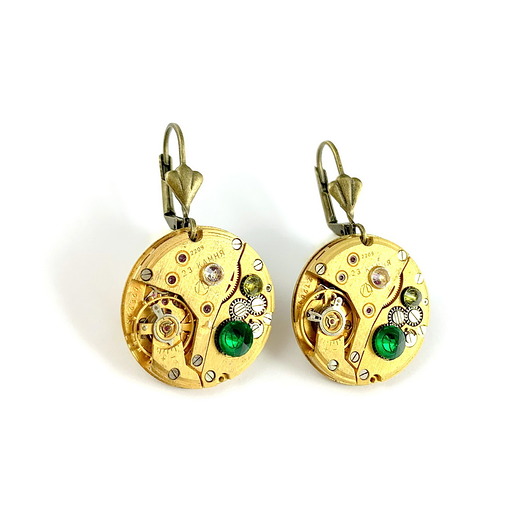 kolczyki pozłacane Kolczyki pozłacane - GOLDEN TREASURE - złote mechanizmy z zielonym kamieniem