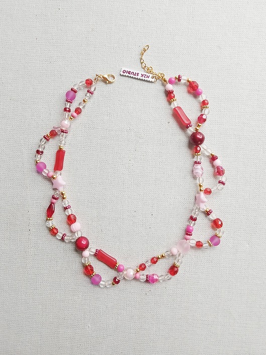 naszyjniki - inne Kolorowy naszyjnik  czerwono  różowy podwójny