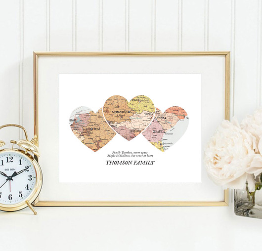 Plakat Personalizowana mapa serca 3 lokalizacje RODZINA wejustlikeprints