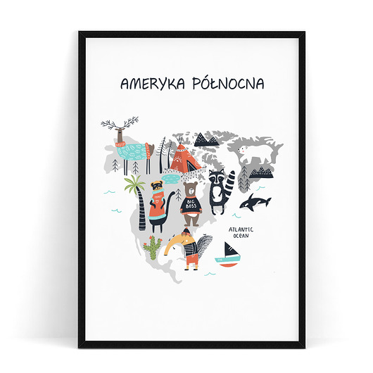 Plakat dziecięcy Ameryka Płn/mapa zwierzęta trochę na ścianę