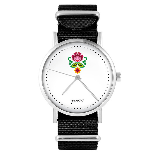 zegarki damskie Zegarek - Folkowy kwiat - czarny, nylonowy