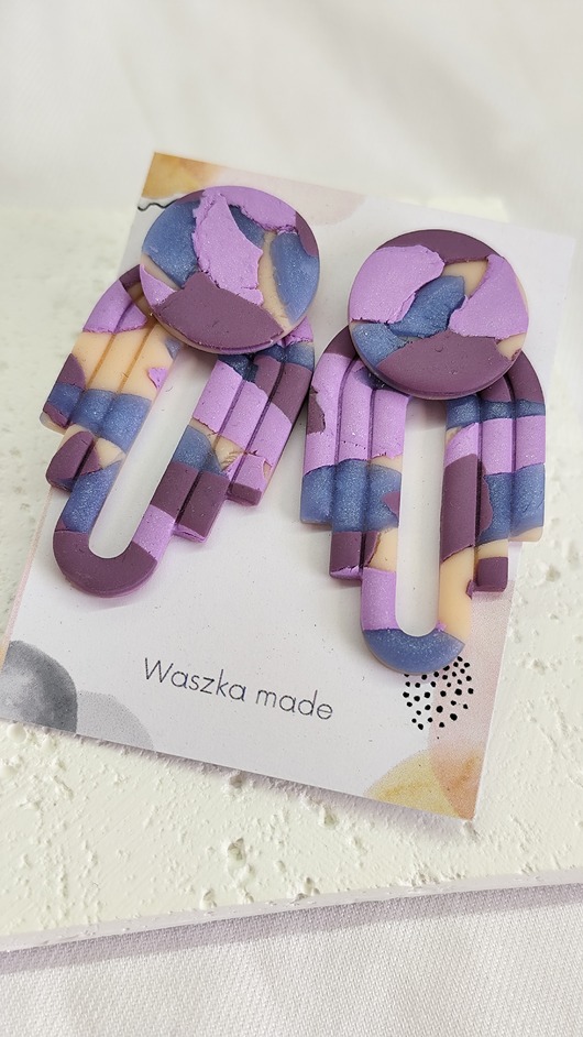 kolczyki z masy plastycznej Kolczyki marmurek wiszące fioletowe