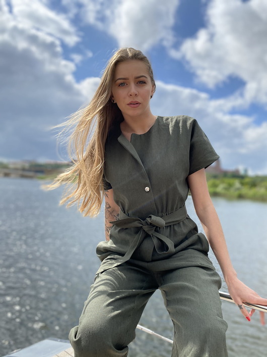 kombinezony damskie Kombinezon damski lniany khaki