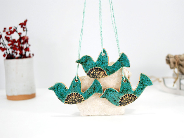 Ozdoby na ścianę Turkusowe ptaszki w locie - ozdoby wiosenne