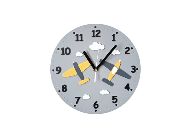 zegary Zegar ścienny dla dziecka szary z samolotami