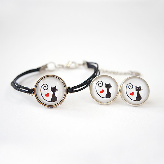 komplet biżuterii Komplet - bransoletka i kolczyki - Kotek i serce