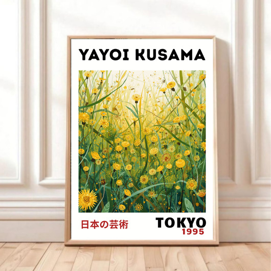 grafiki i ilustracje PLAKAT dekoracyjny zielona łąka dmuchawce Kusama