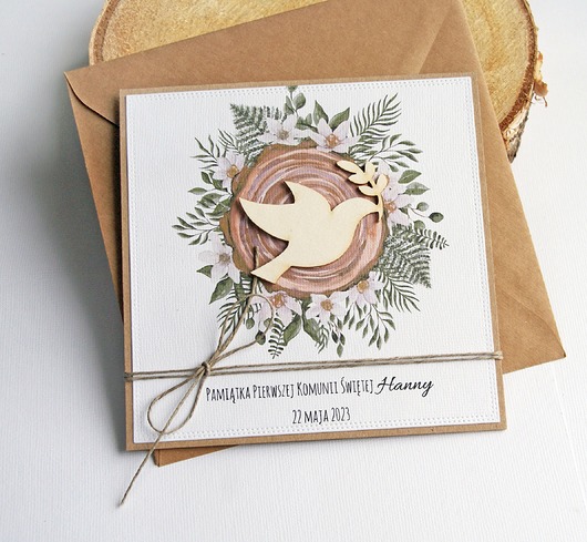 kartki na komunię Kartka, PERSONALIZACJA : I Komunia Święta : drewno