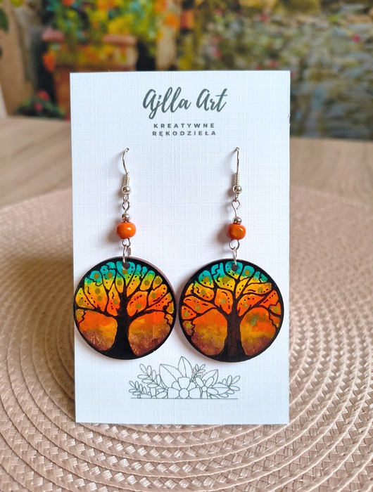 kolczyki drewniane Magia drzew, kolczyki ręcznie malowane